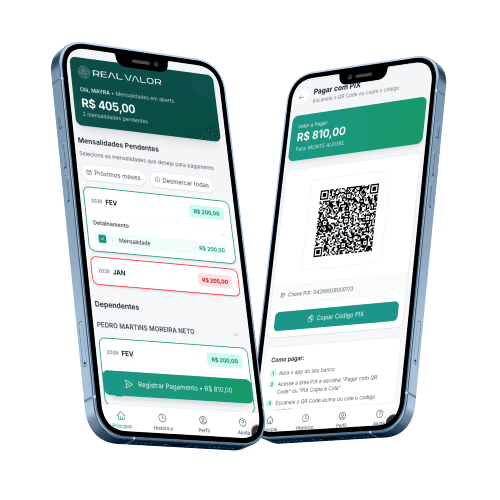 App do sócio no celular: mensalidades pendentes e pagamento por PIX com QR Code
